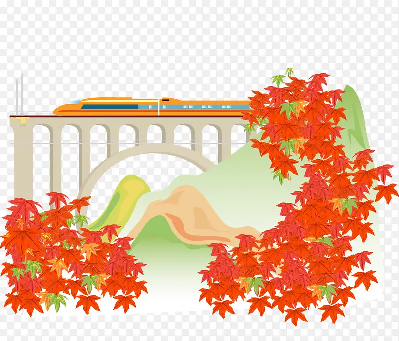 卡通手绘行驶桥梁现代火车枫叶