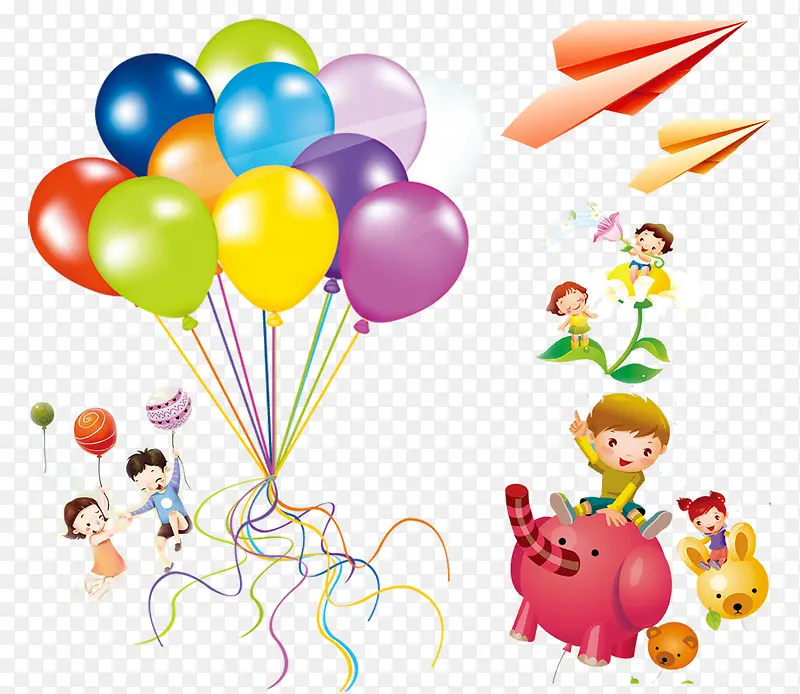 卡通彩色气球和纸飞机