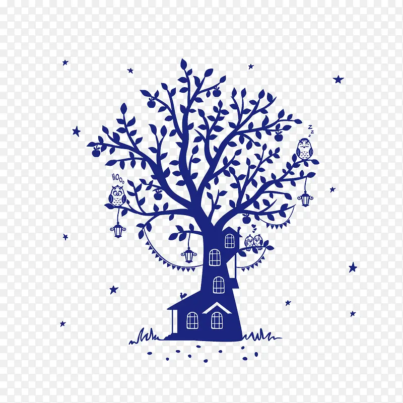 卡通跟树合为一体的房子素材