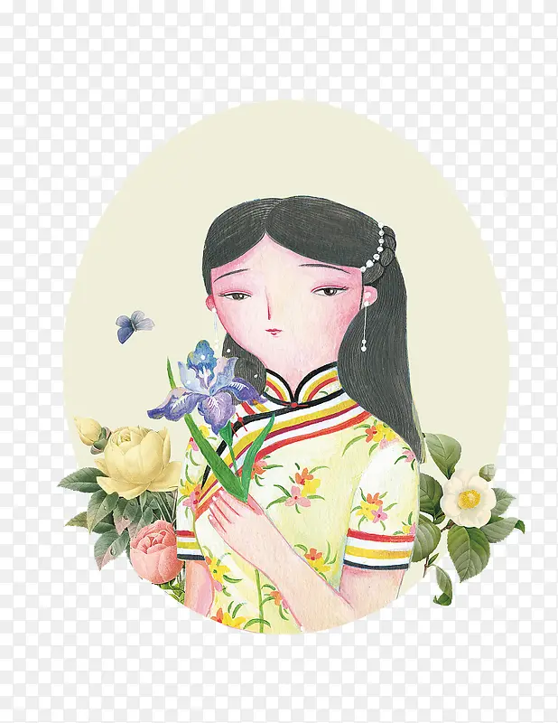 手绘人物穿旗袍拿一枝花的女孩
