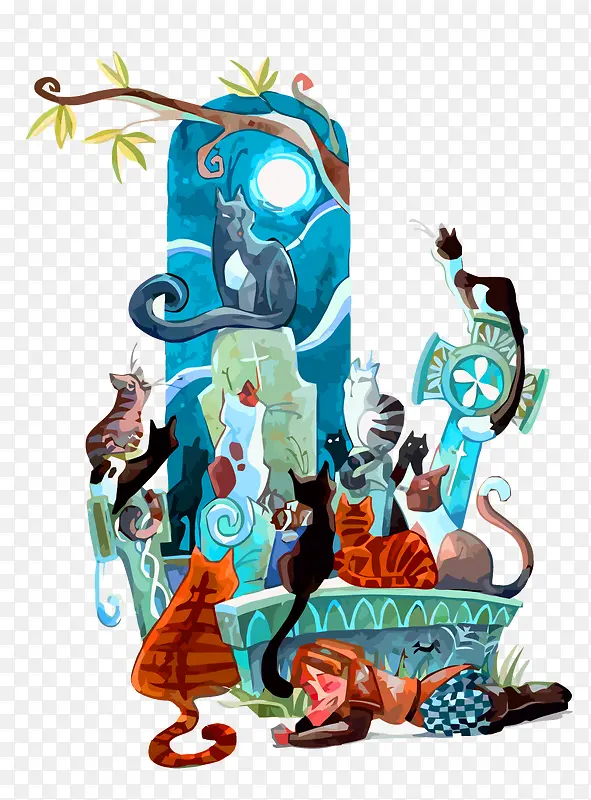 矢量水彩墓地里的猫咪