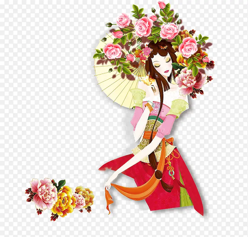 绘画鲜花美女