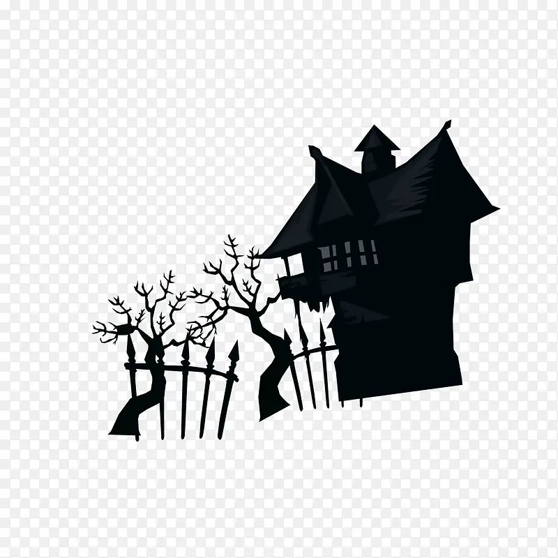 黑色树和小屋剪影