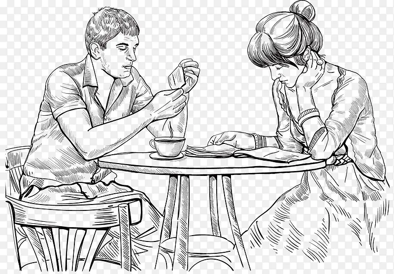 简约素描小情侣喝咖啡