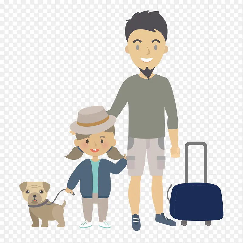 爸爸跟女儿托行李箱出发旅游