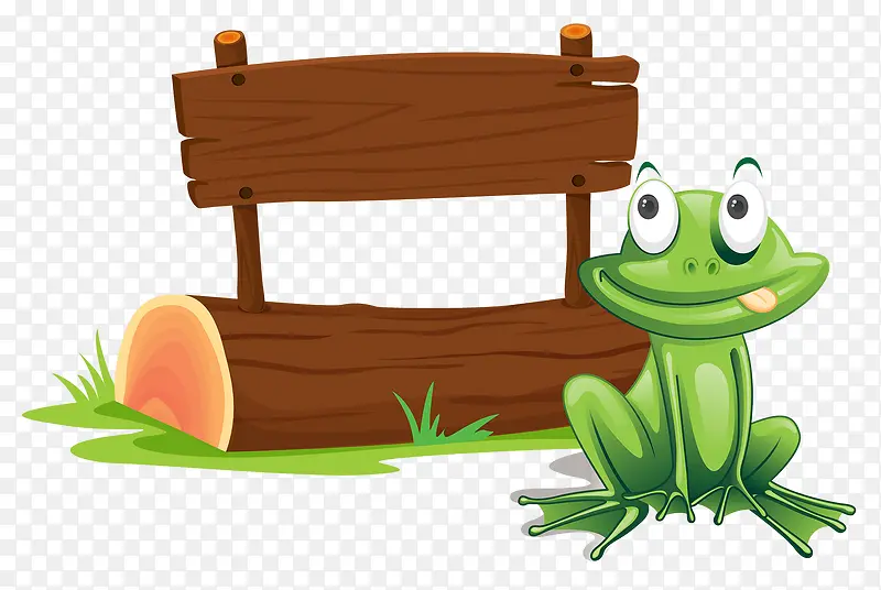 卡通木牌旁吐舌的青蛙
