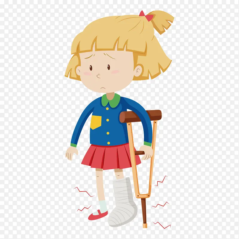 受伤拄着拐杖帮着石膏的小女孩