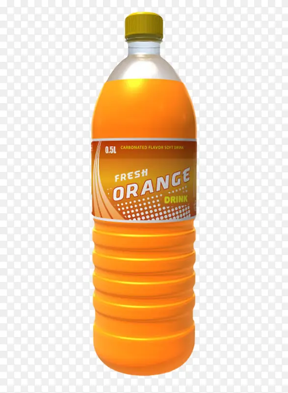 带贴纸广告的一瓶大橙汁实物
