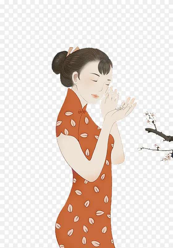 手绘工笔人物插图穿旗袍的美女