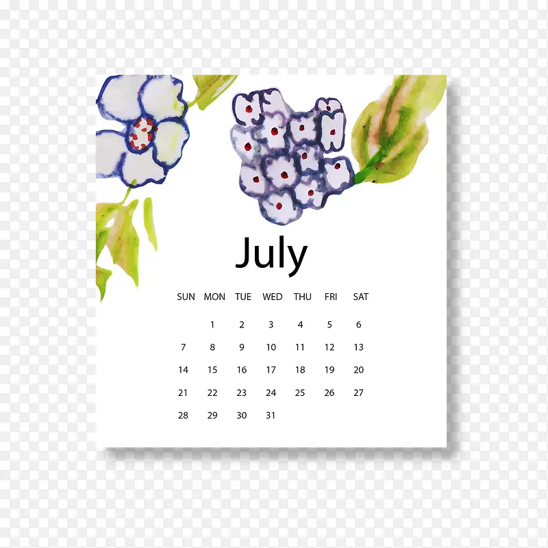 紫绿白色2019年7月日历