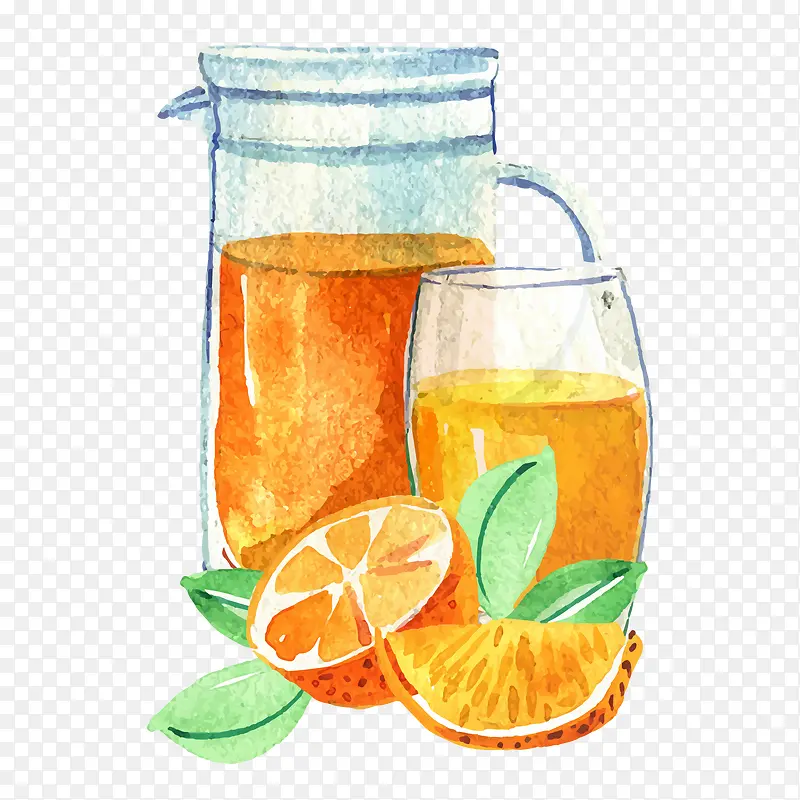 水彩绘橙子橙汁和杯具设计