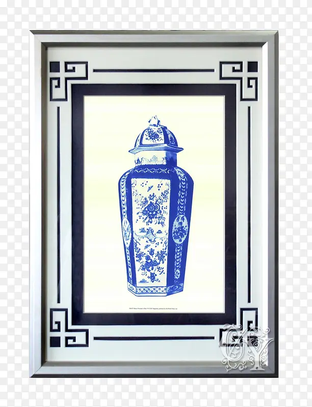 中国风青花瓷瓶金属框壁画
