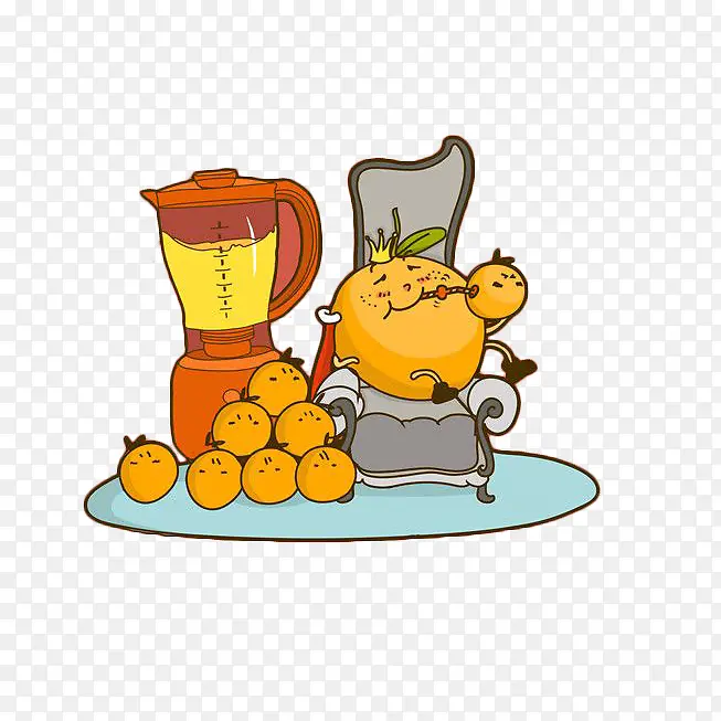 卡通香橙坐在椅子上喝橙汁