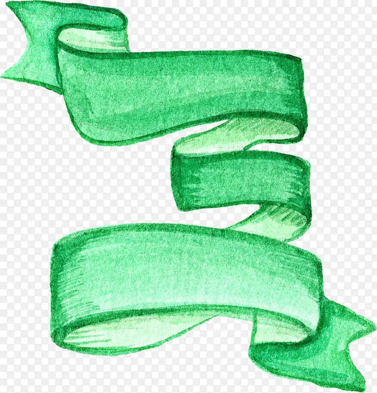 手绘绿色卷曲丝带标签