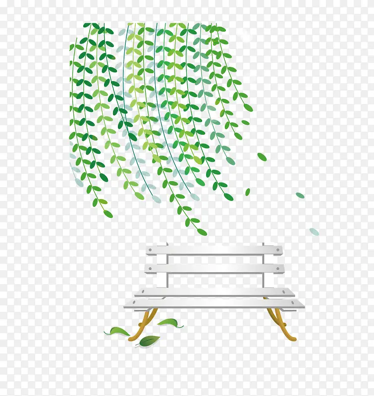 柳树和白色的公共椅子