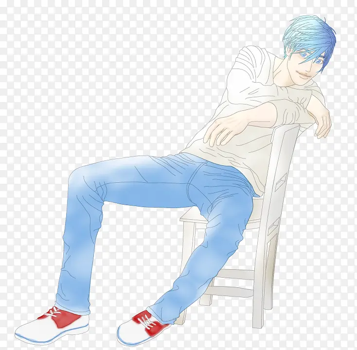 靠着椅子的蓝色头发男生