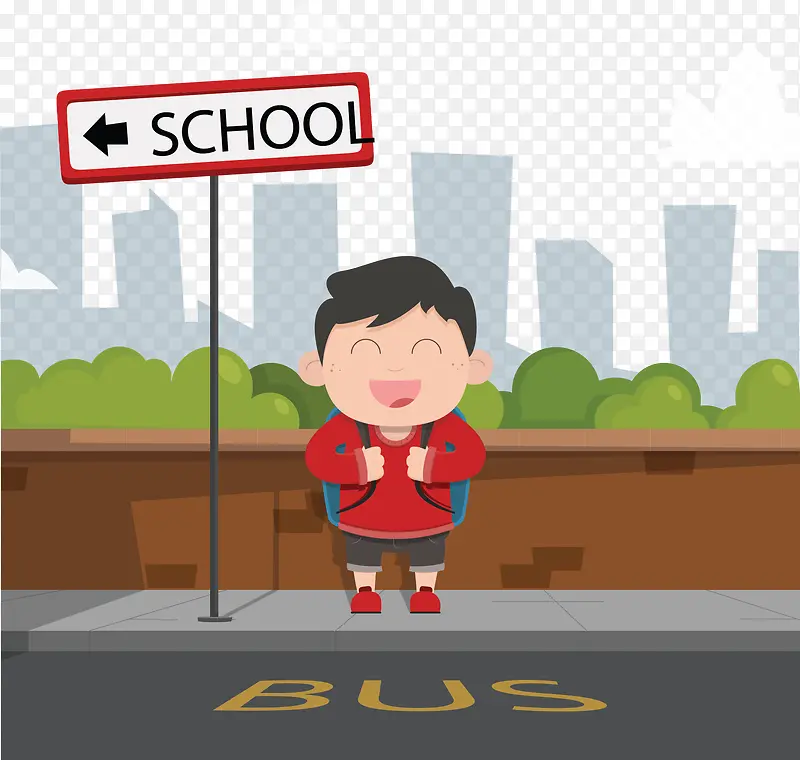 公交站等校车的男孩