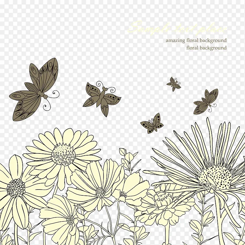 蝴蝶与花黑白线稿背景—矢量素材