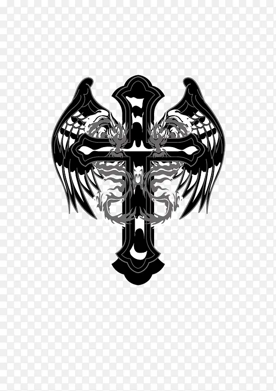 个性黑色十字架翅膀宗教纹身