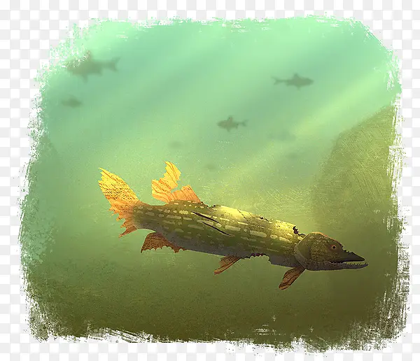 手绘撕边效果海洋鱼背景图案