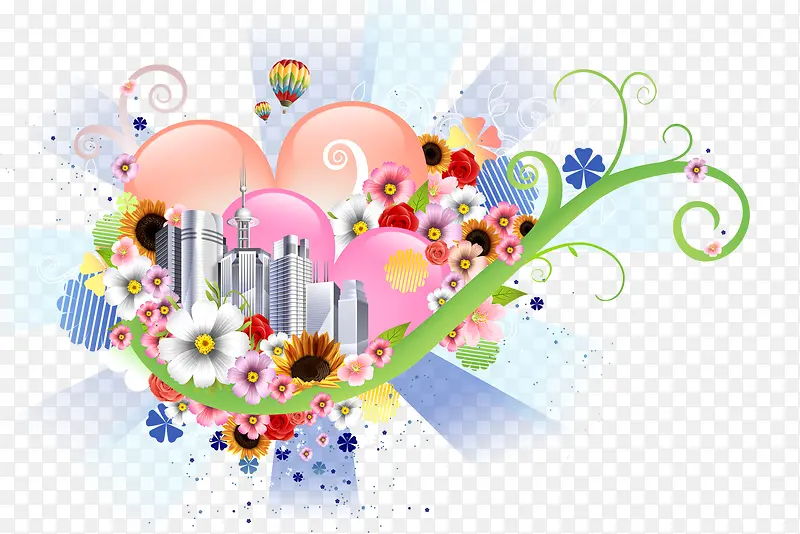 花朵藤蔓与城市建筑物