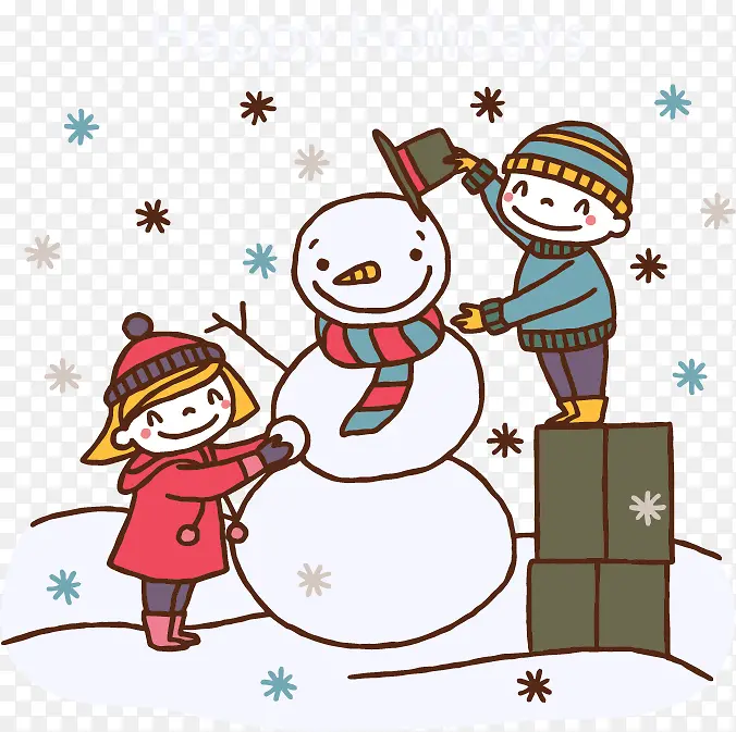 堆雪人的两个卡通小孩 