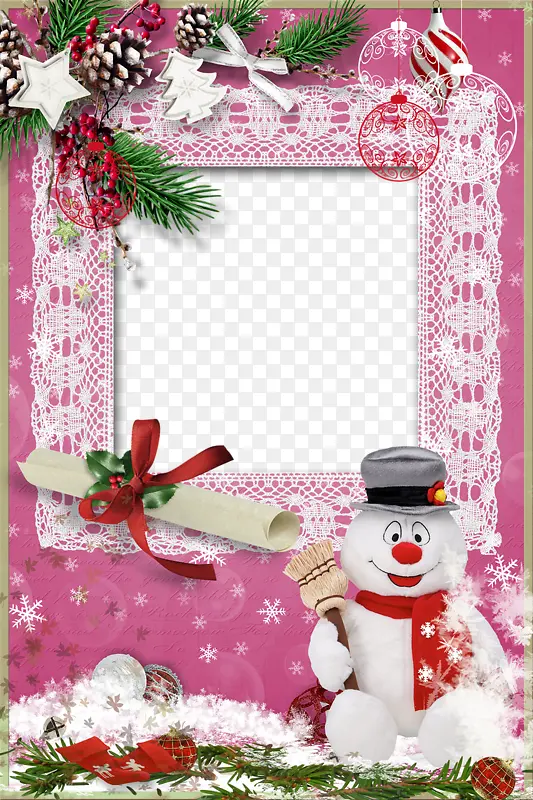 圣诞雪人装饰粉色花纹边框
