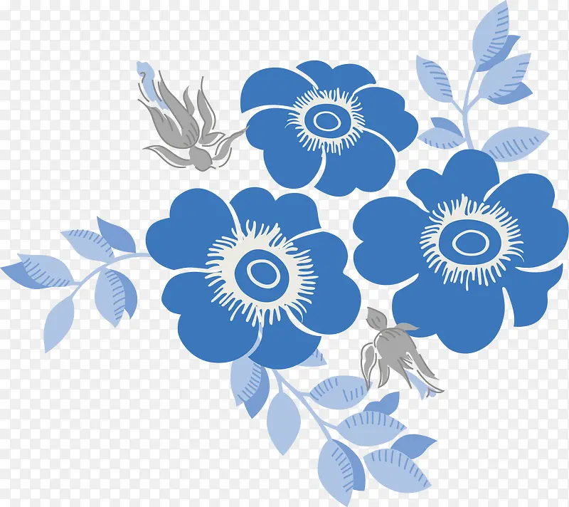 手绘蓝色花朵叶子