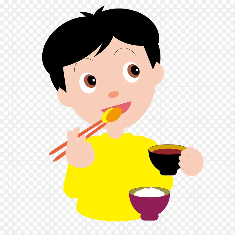 吃饭喝汤的黄衣服小男孩