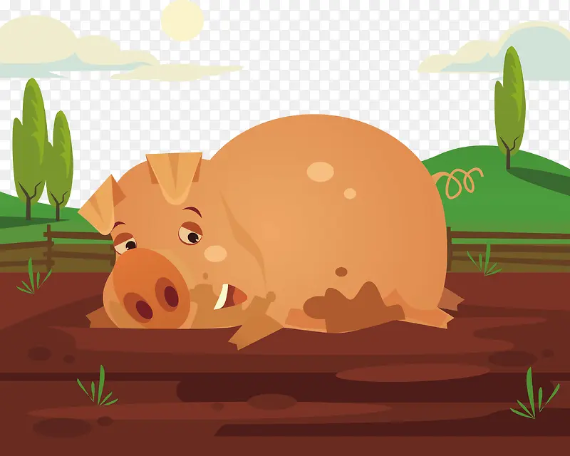 躺在泥巴里面的小猪