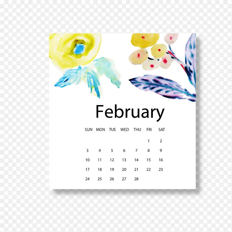 黄蓝色2019年2月花朵日历