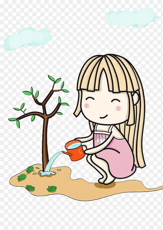 正在给小树浇水的小女孩