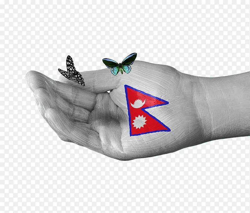 创意风格尼泊尔国旗手绘蝴蝶图案