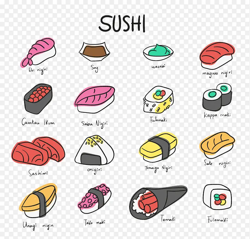 16款彩绘寿司图标矢量素材