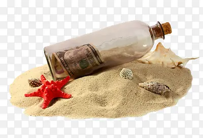 沙滩上的漂流瓶和贝壳海星等