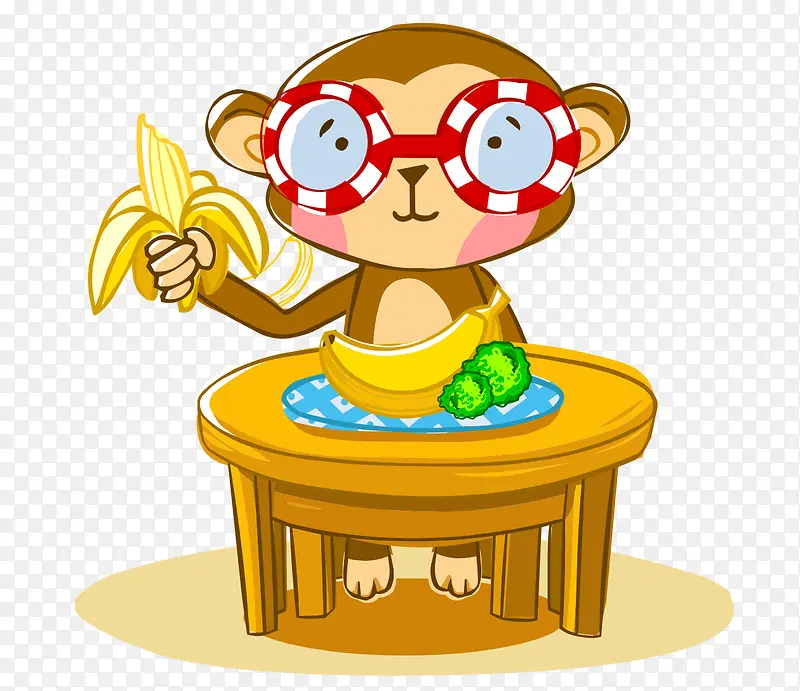 卡通手绘戴眼镜吃香蕉猴子
