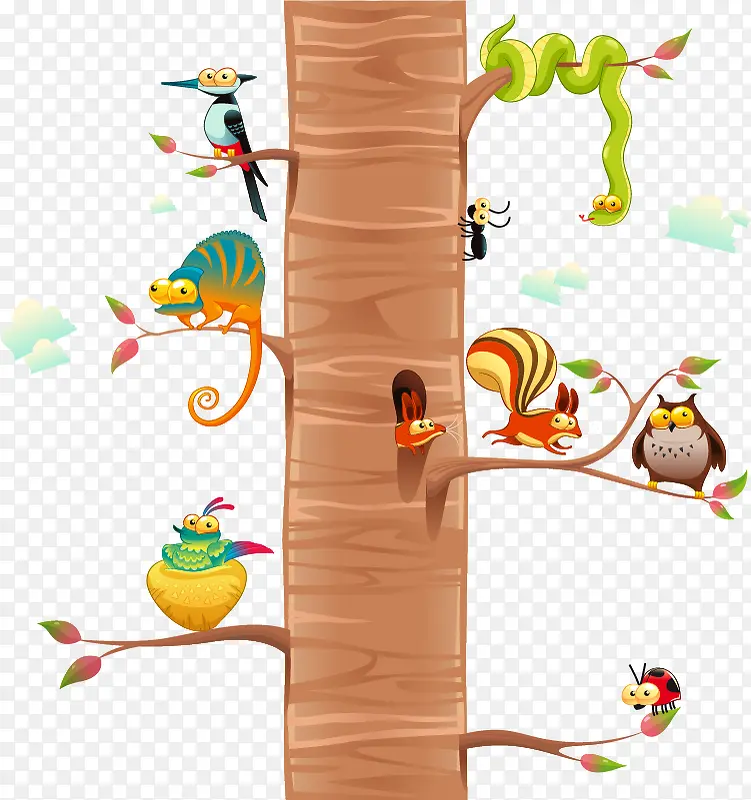 卡通矢量树干上的小动物