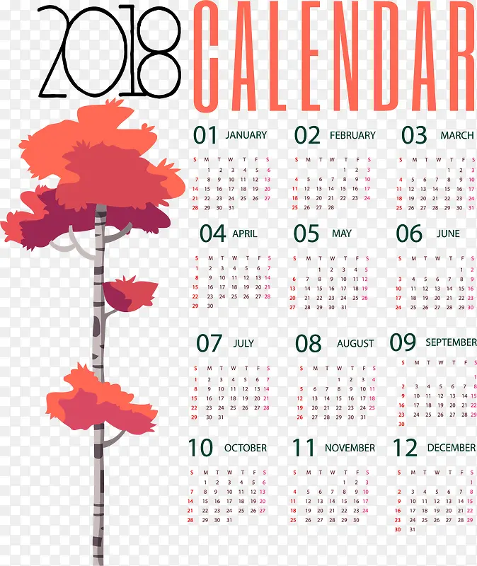 红色大树日历模板