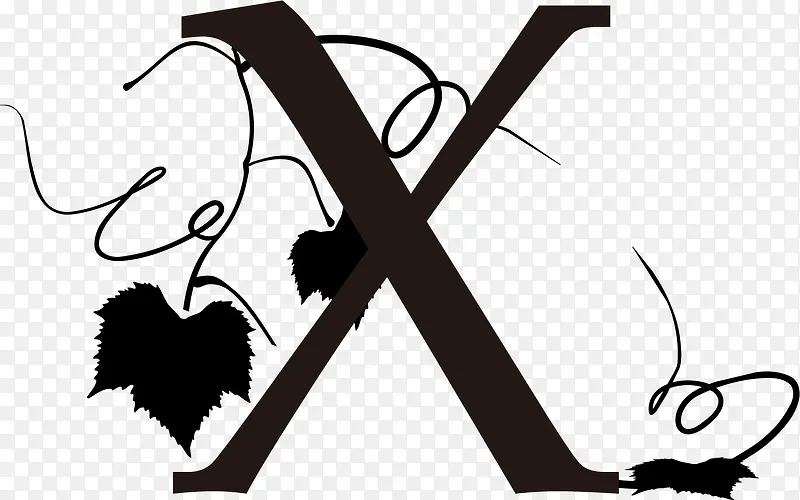 黑色树叶藤条装饰字母X