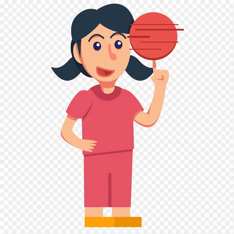 卡通红色衣服转篮球的小女孩