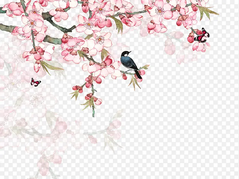 桃花盛开鸟儿伫立