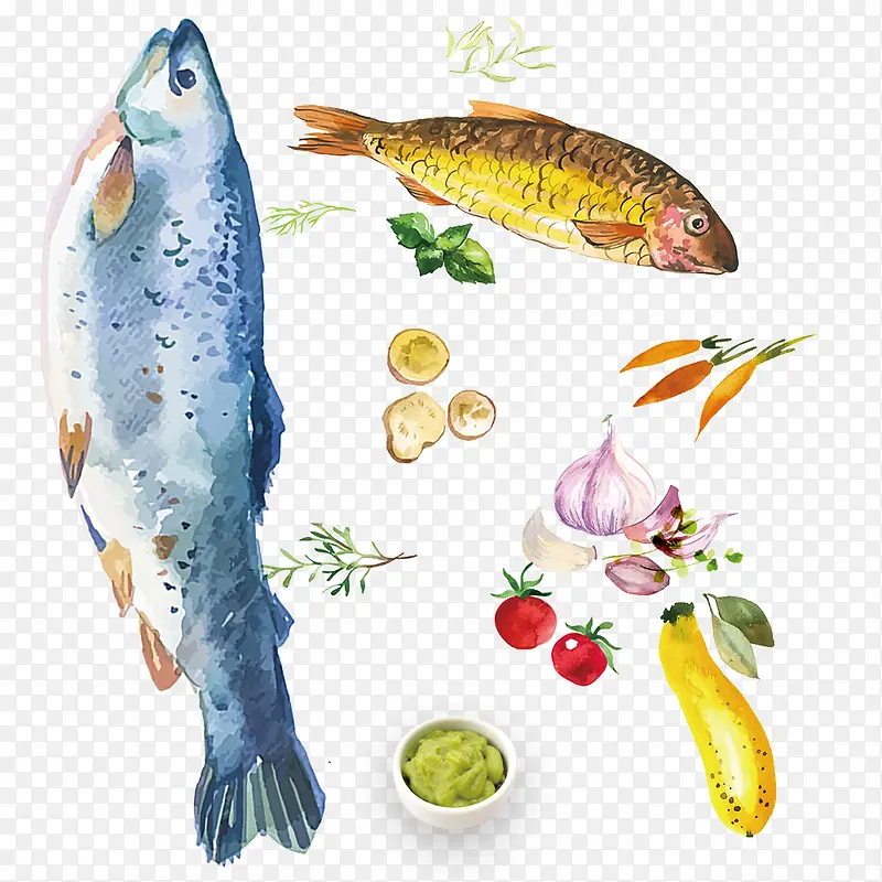 卡通生鲜烤鱼必备材料装饰