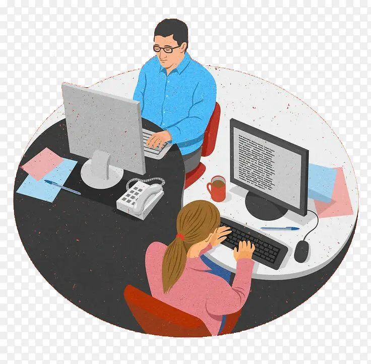 电脑前办公的男女圆形图案