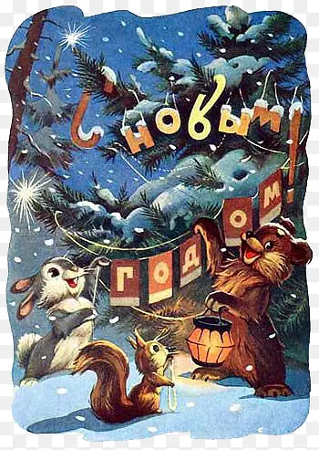圣诞节雪地里的兔子与熊