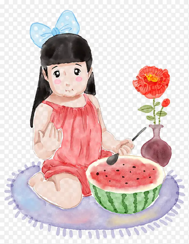 立夏手绘插画小女孩吃西瓜手绘插