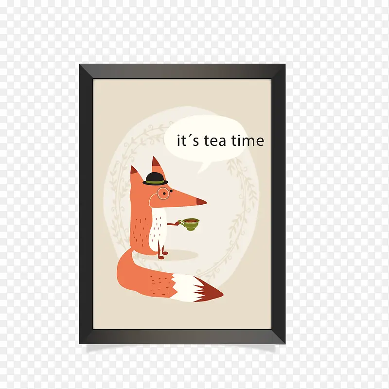 可爱喝茶的狐狸挂画