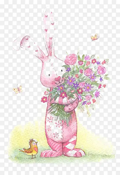 抱着花的兔子