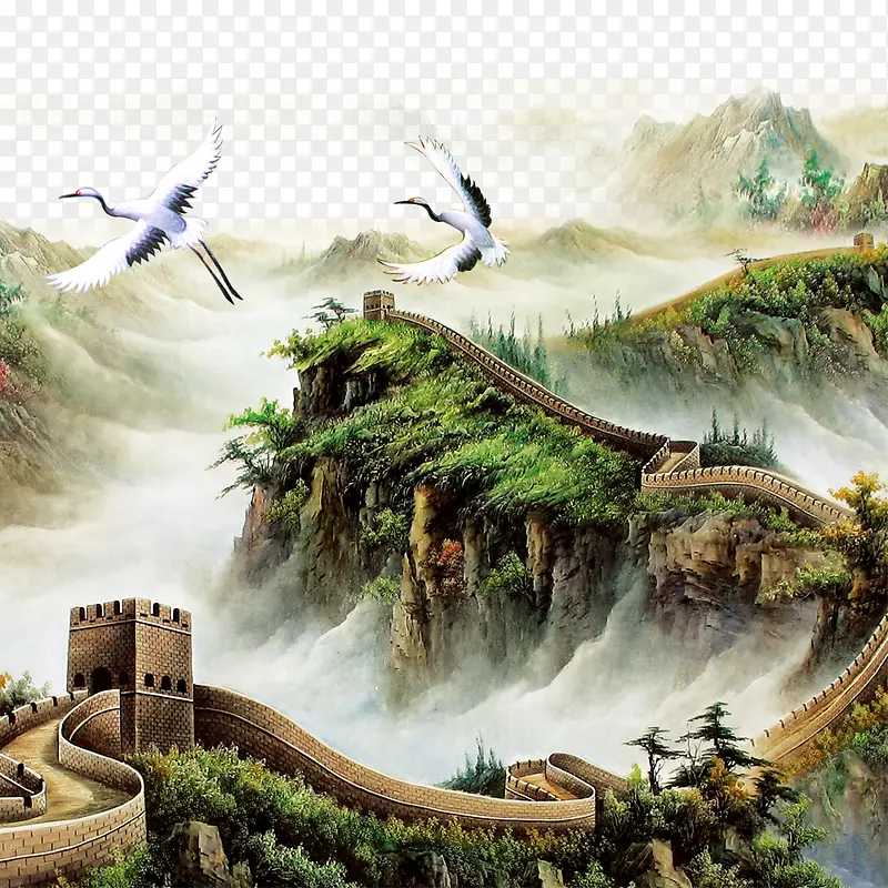 彩色中国风工艺山水画