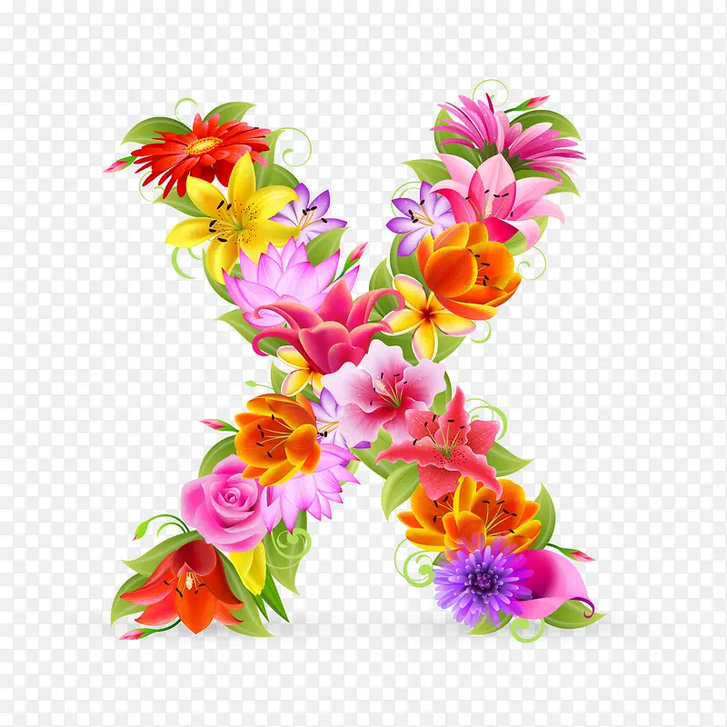 彩色花朵字体设计字母X