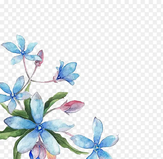 蓝色水彩手绘花朵装饰图案